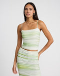 Express Women's Mesh Printed Square Neck Ruched Crop Top in Green Print