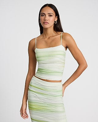 Express Women's Mesh Printed Square Neck Ruched Crop Top in Green Print