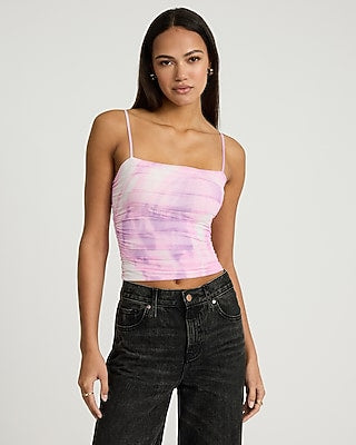 Express Women's Mesh Printed Square Neck Ruched Crop Top in Purple Print