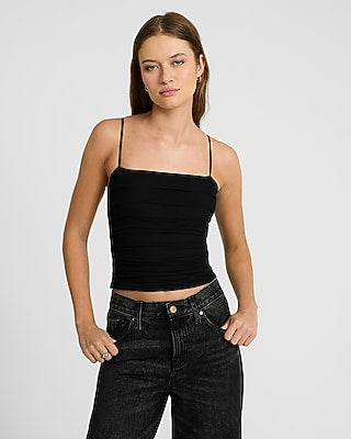 Express Women's Mesh Square Neck Ruched Crop Top in Pitch Black