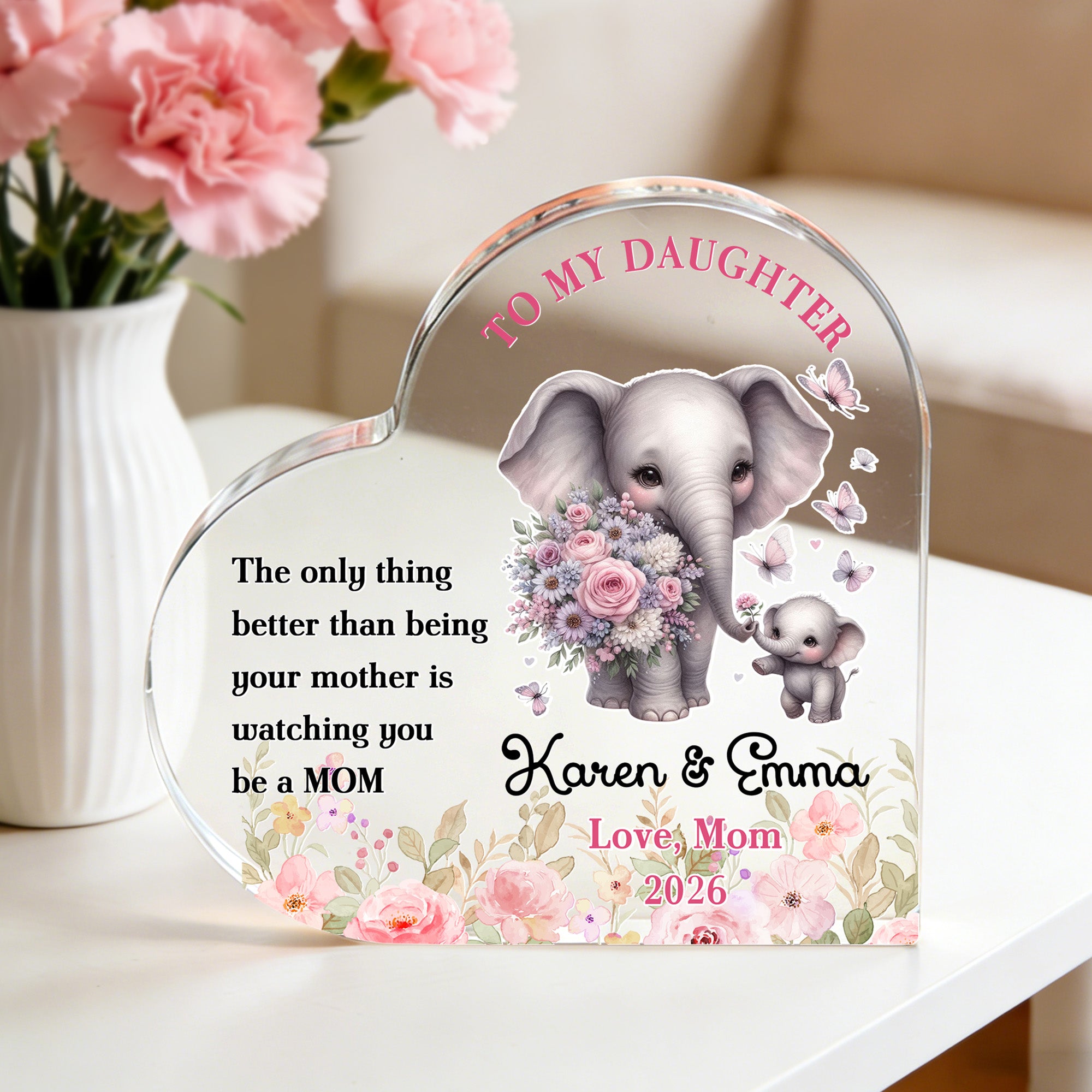 Placa acrílica personalizada en forma de corazón de elefante con nombre y año de aniversario Regalo del Día de la Madre para madres e hijos