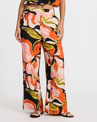 Express Women's Floral High Waisted Pull On Wide Leg Palazzo Pant in Multi