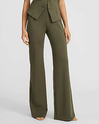 Express Women's Pull-On Signature Ponte High Waisted Flare Trouser in Olive Green