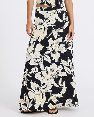 Express Women's Crepe Floral High Waisted Side Slit Maxi Skirt in Black Print