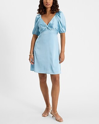 Express Women's Satin V-Neck Puff Sleeve Twist Front Mini Fit And Flare Dress in Jewel Seafoam