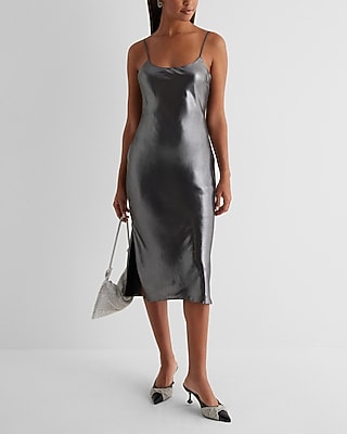 Express Women's Metallic Scoop Neck Downtown Cami Midi Slip Dress in Metallic Silver