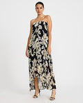 Express Women's Chiffon Floral Strapless Pleated High-Low Maxi Dress in Black Print