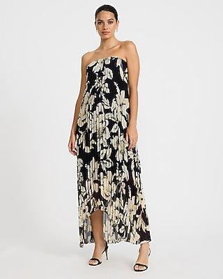Express Women's Chiffon Floral Strapless Pleated High-Low Maxi Dress Small