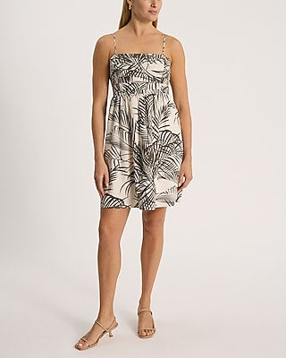 Express Women's Linen-Blend Printed Ruched Mini Babydoll Dress in Green Small