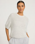 Express Women's Fuzzy Sequin Crew Neck Short Sleeve Relaxed Sweater in Ivory