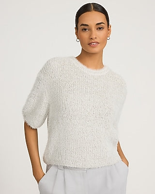 Express Women's Fuzzy Sequin Crew Neck Short Sleeve Relaxed Sweater in Ivory
