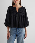Express Women's Poplin Textured Pleated V-Neck Balloon Sleeve Top in Pitch Black