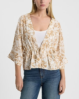 Express Women's Floral Cover-up Sleeve Tie Front Top in Neutral Print