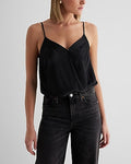 Express Women's Satin Pleated Faux Wrap Cami Bodysuit in Black Small