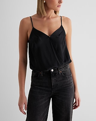 Express Women's Satin Pleated Faux Wrap Cami Bodysuit in Black Small