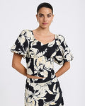 Express Women's Crepe Floral Puff Sleeve Button Front Top in Black Print