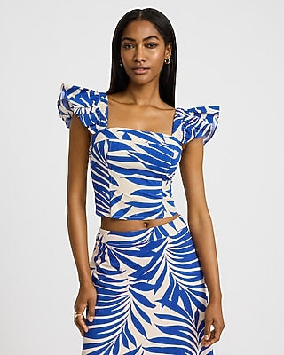 Express Women's Printed Square Neck Flutter Sleeve Top in Blue Print