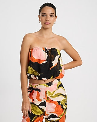 Express Women's Floral Printed Strapless Bubble Crop Top in Multi