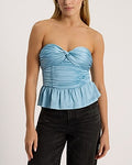 Express Women's Satin Strapless Twist Front Peplum Tube Top in Blue Small