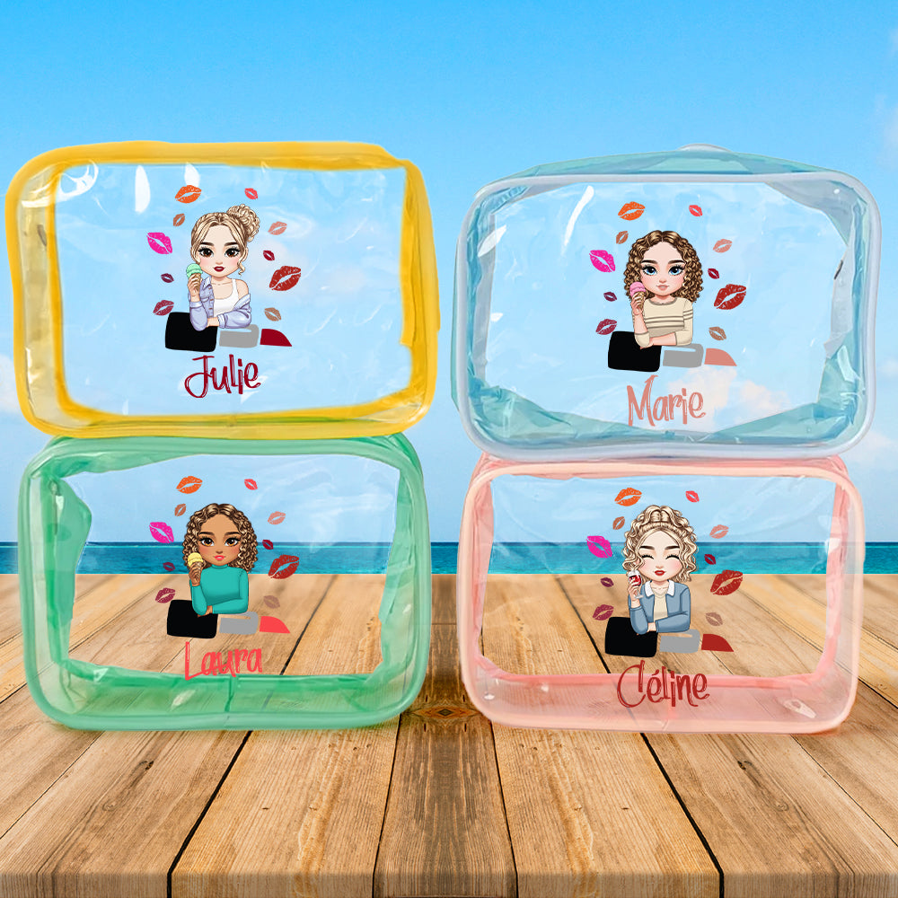 Bolsa de maquillaje impermeable con nombre Personalizada Moda Dibujos animados Chica Lápiz de labios Accesorios de playa Cumpleaños Despedida de soltera Regalo para mujer