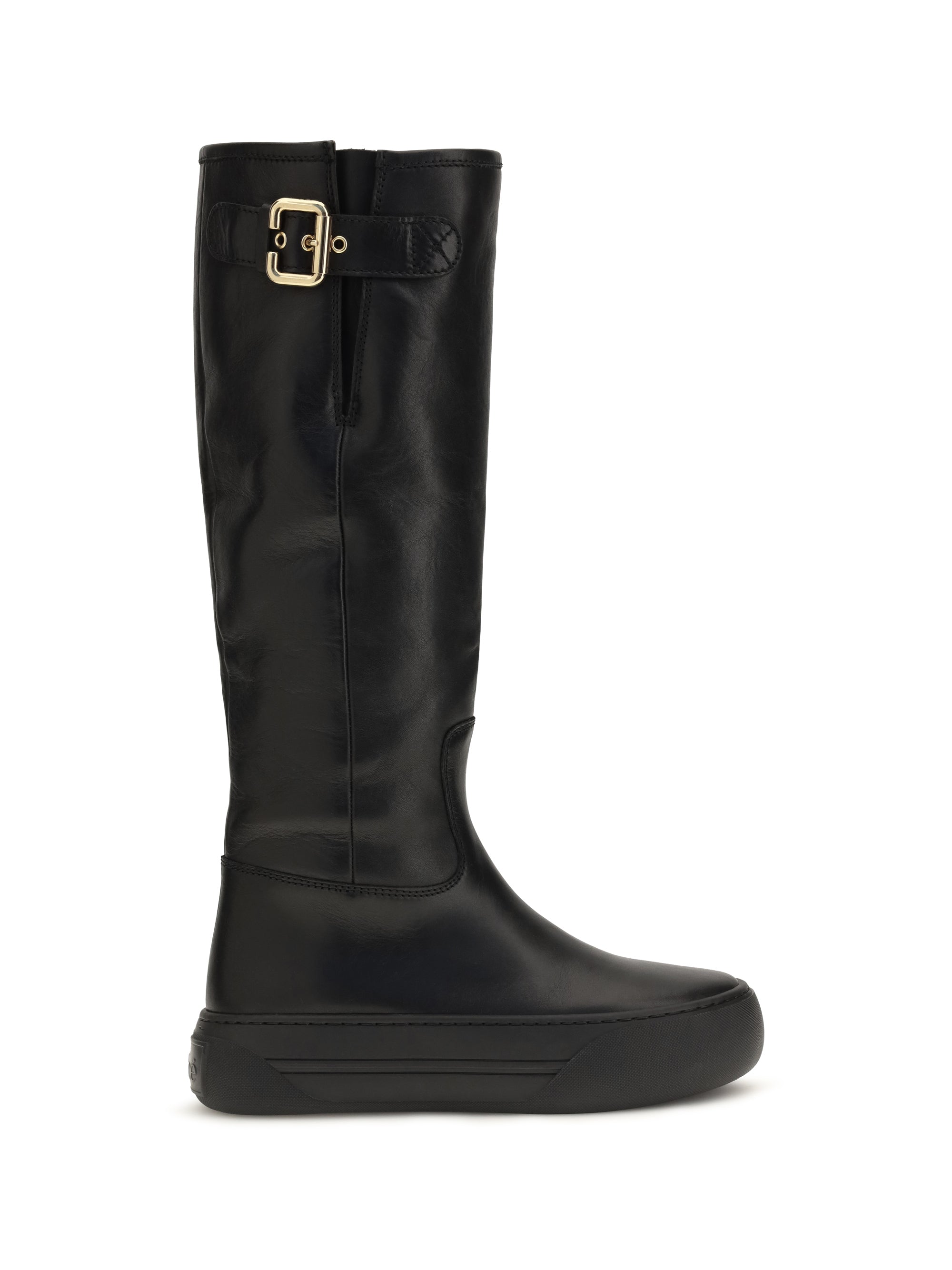 Chloé Calfskin Leather with Gold Buckle Boot — Black