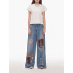 Uninhibited splicing retro design mid-low waist washed ripped hole splattered paint cloth patch wide-leg jeans