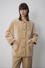 Retro Time Merino women's winter short round neck sheepskin jacket