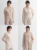 Linen original art stripe print classic lapel small V-neck design breathable blouse shirt suit for women