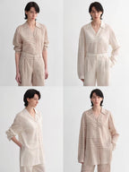 Linen original art stripe print classic lapel small V-neck design breathable blouse shirt suit for women
