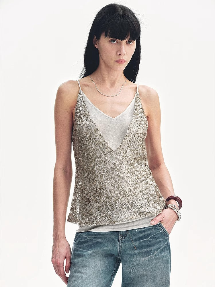 Dream Catcher Sequined Net Pattern Fake Two-Piece Deep V Waist Suspender Summer