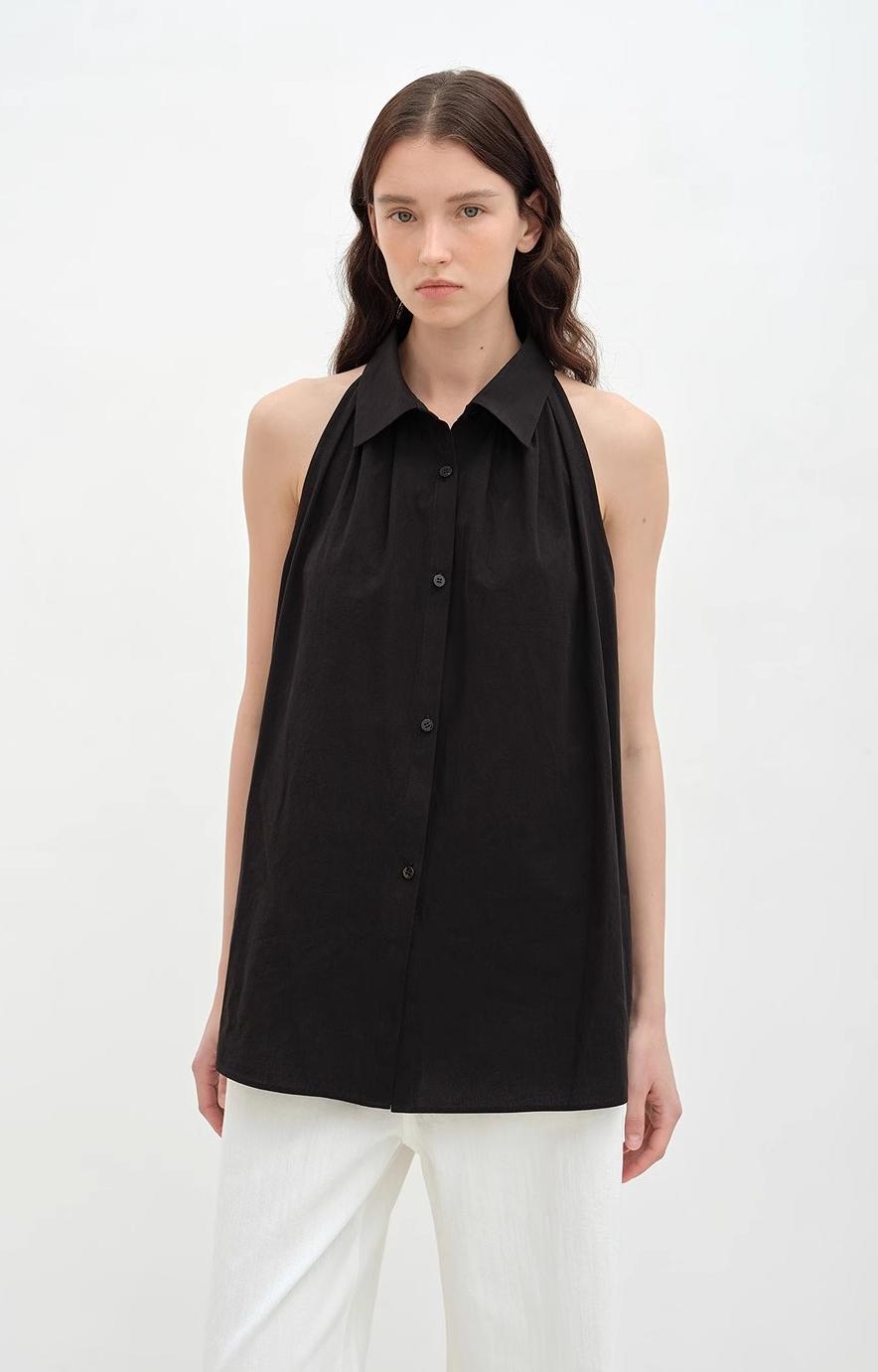 Poland Island imported pure cotton stand-up collar sleeveless striped shirt temperament top for women