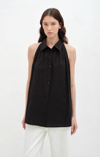 Poland Island imported pure cotton stand-up collar sleeveless striped shirt temperament top for women