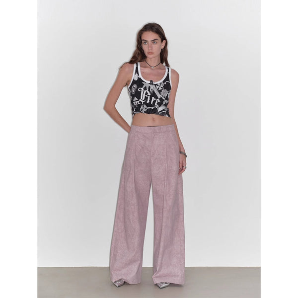 Light and Shadow Walking Retro Fashionable Dirty Printed Reverse-Fold Mid-Low-Waist Double-pleat Straight-leg Wide-Leg Casual Pants
