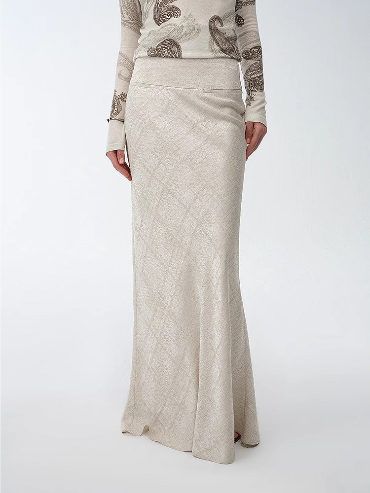 Light and breezy retro bias-cut linen blended straight fishtail maxi skirt
