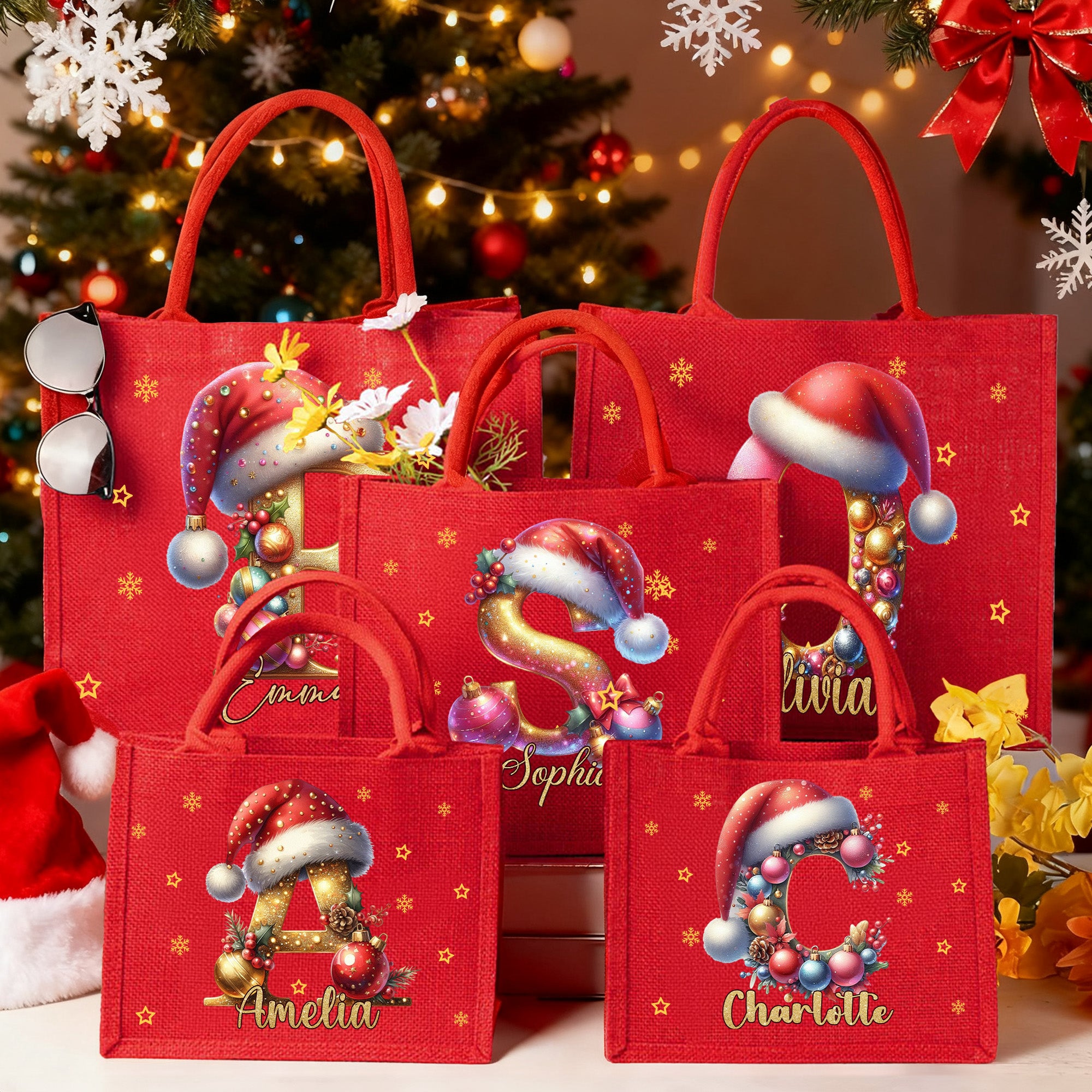 Gorro de Navidad personalizado con iniciales Gran capacidad Bolsa de yute roja con nombre Fiesta de Navidad Regalo para mujeres Niños
