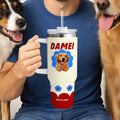 Vaso isotérmico personalizado con nombre y pajita, con foto de una mascota y flores bonitas, regalo de cumpleaños para los amantes de las mascotas