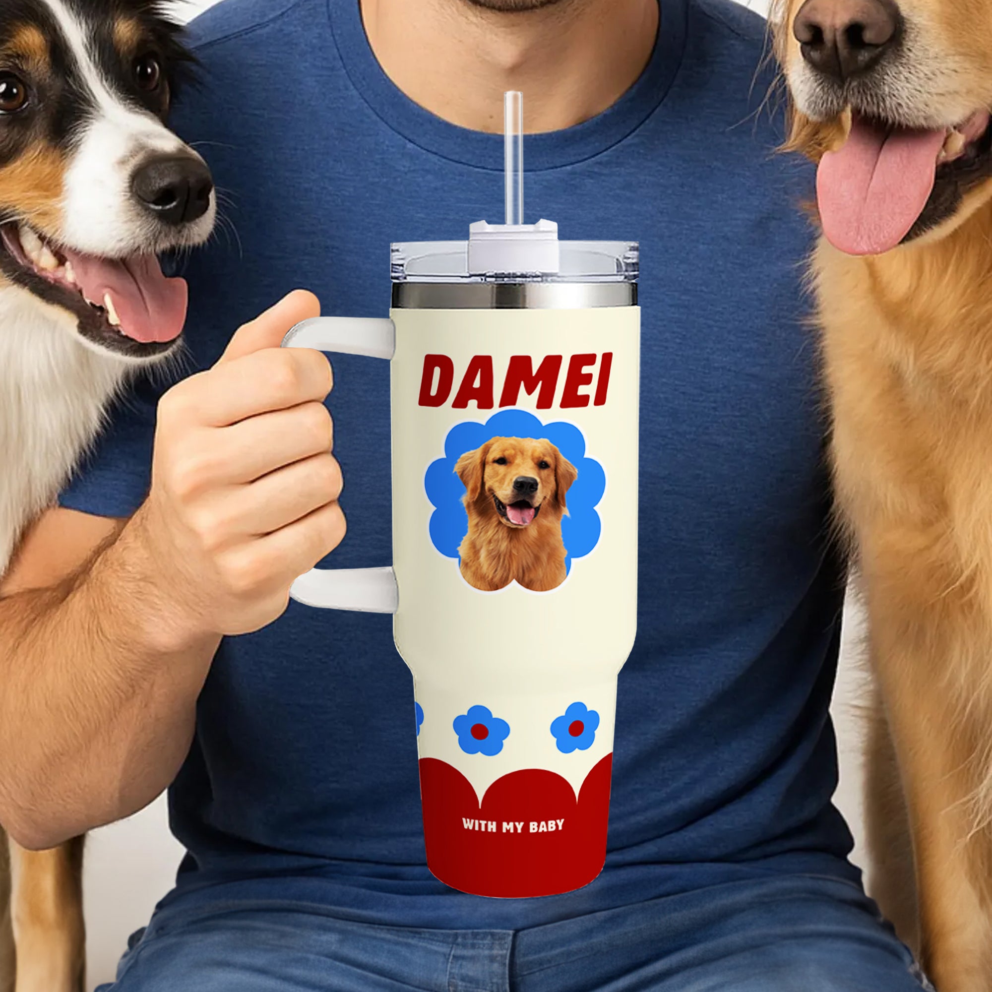 Vaso isotérmico personalizado con nombre y pajita, con foto de una mascota y flores bonitas, regalo de cumpleaños para los amantes de las mascotas