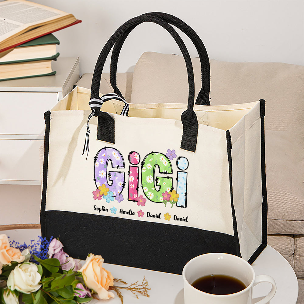 Alfabetos florales personalizados Bolsa de lona grande con 1-12 nombres y forro impermeable Cumpleaños Día de la Madre Regalo para mamá Abuela Familia