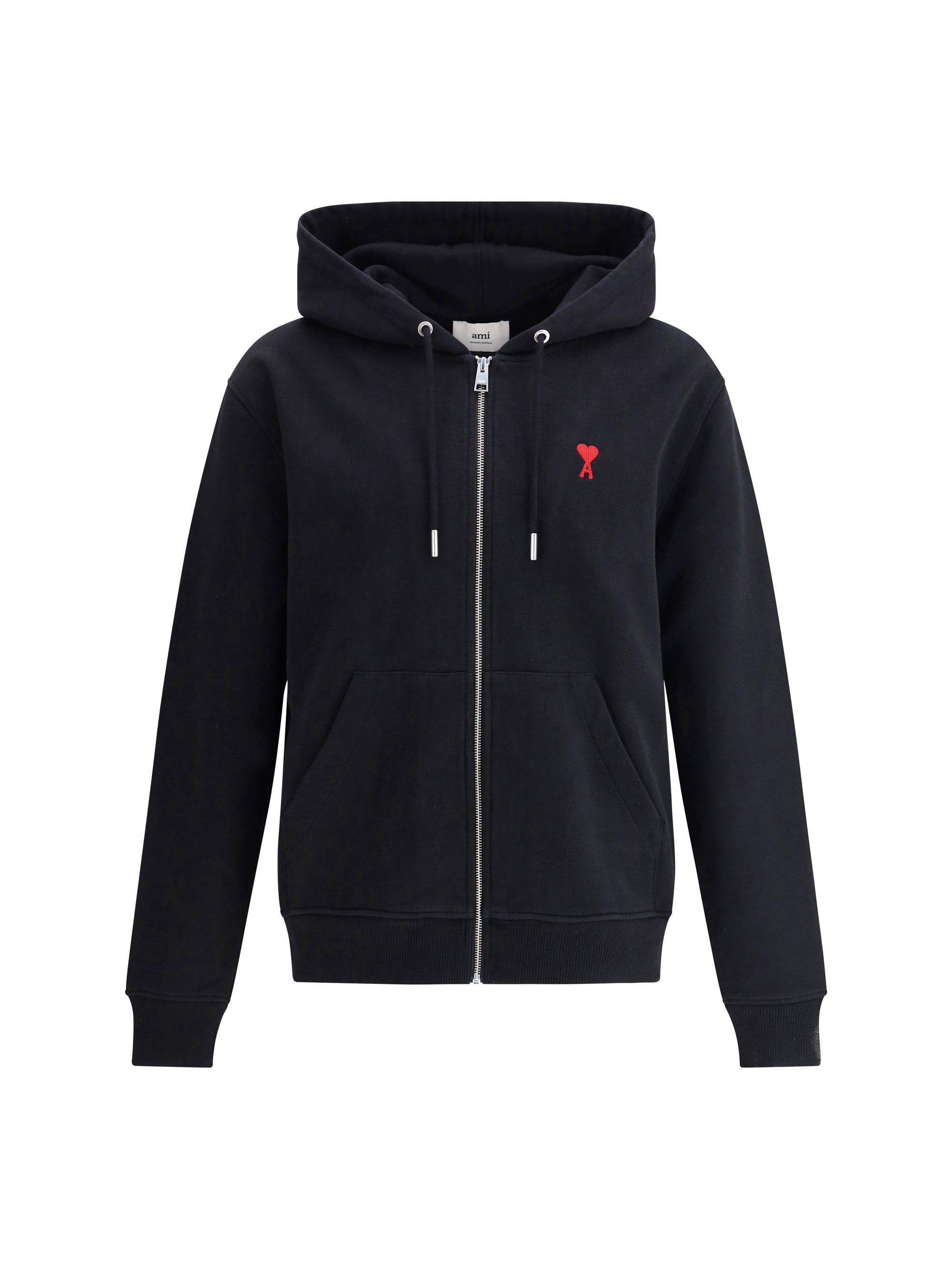 AMI Paris Logo-Embroidered Cotton Hoodie — Black