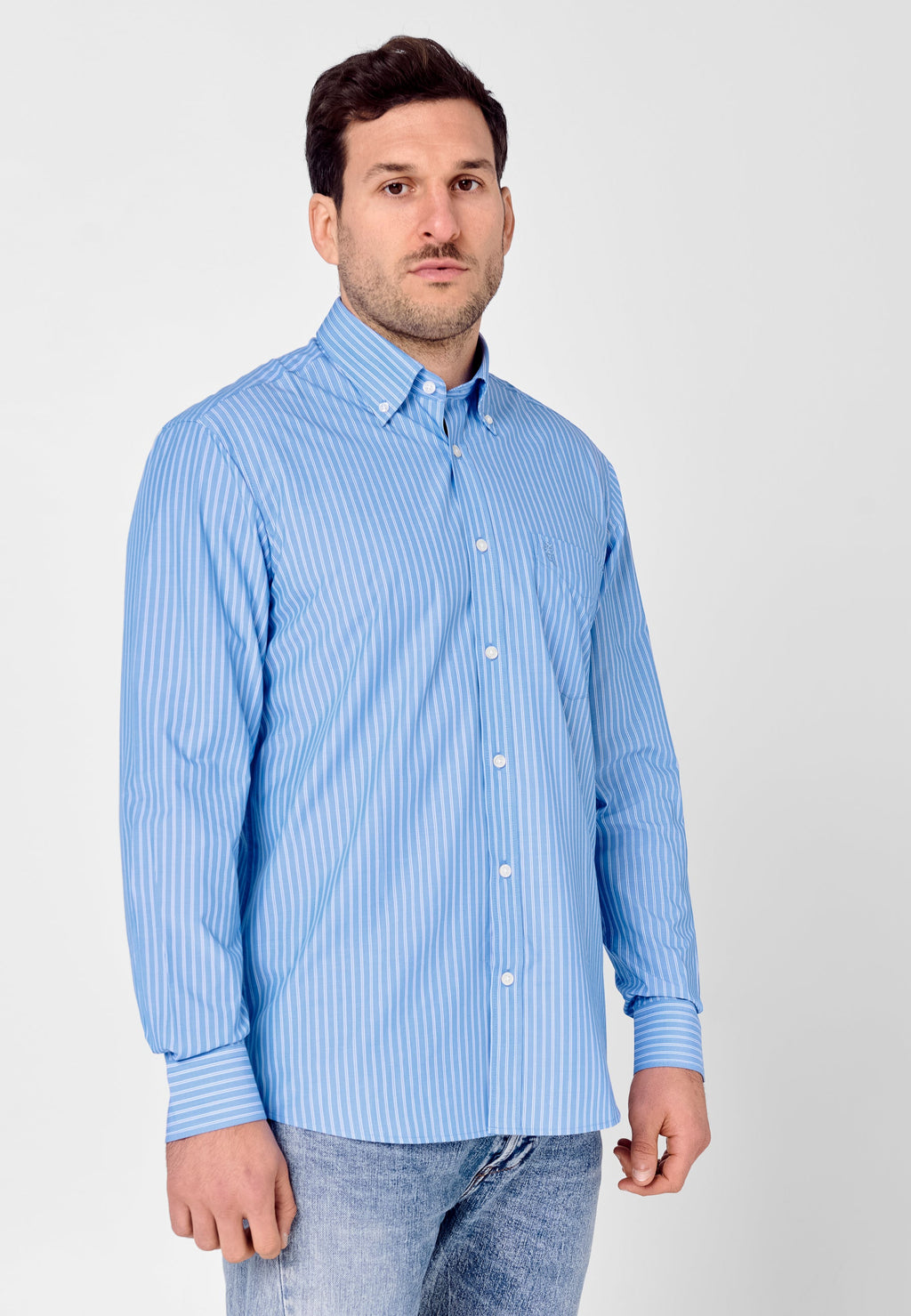 Camisa Hombre Manga Larga Popelín Rayas con Bolsillo Easy Iron Extrasuave - Azul 0307_33