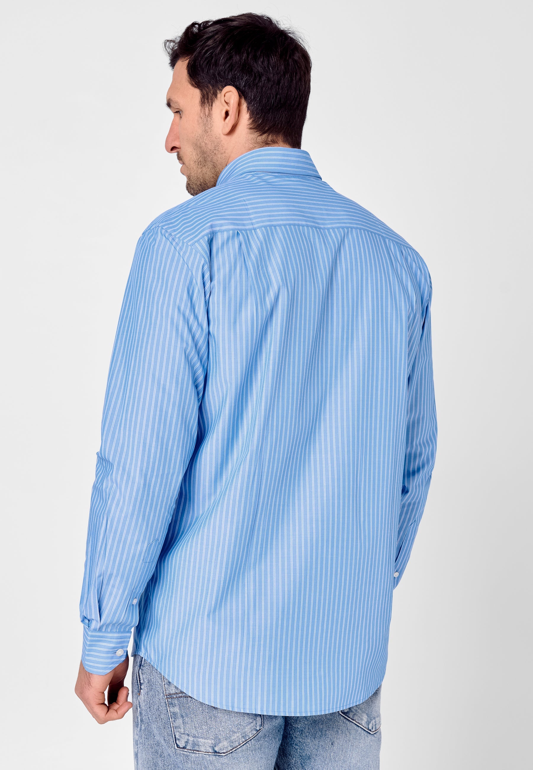 Camisa Hombre Manga Larga Popelín Rayas con Bolsillo Easy Iron Extrasuave - Azul 0307_33