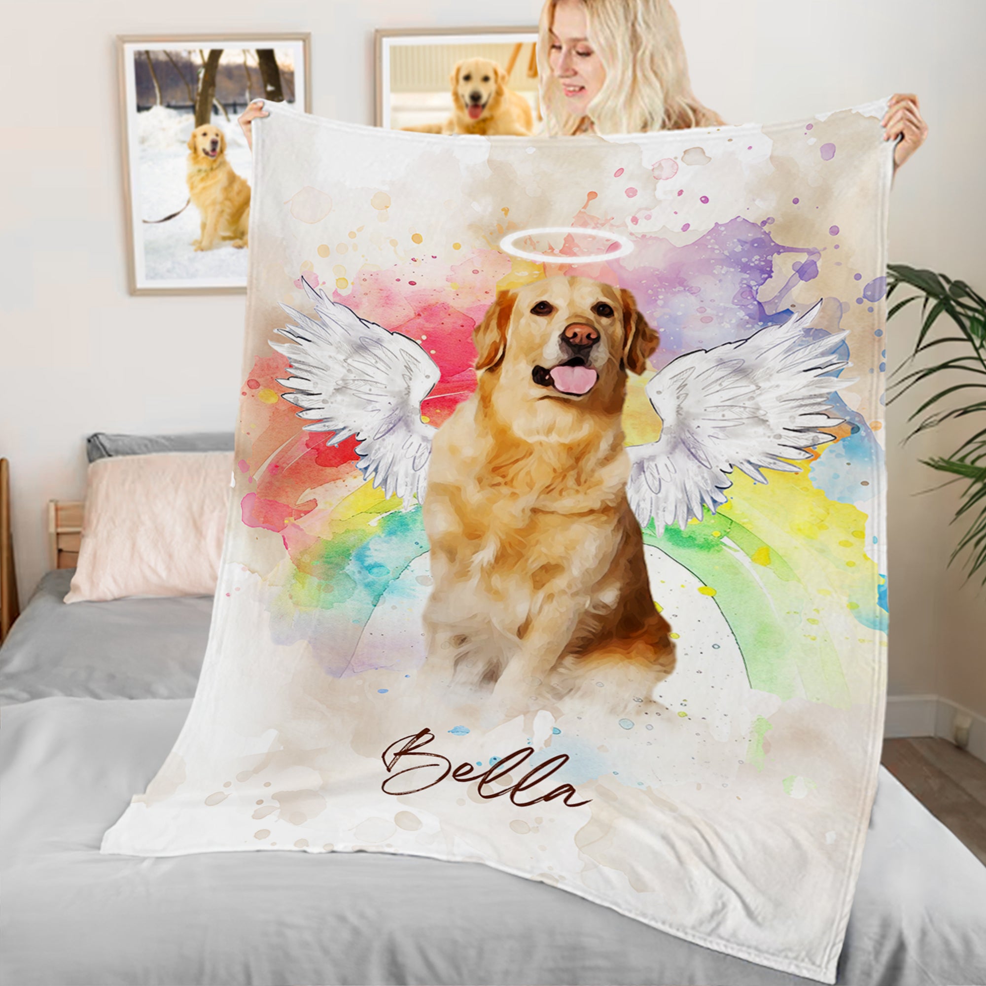 Pintura al óleo personalizada estilo puente arco iris Foto mascota Suave manta con nombre Memorial Cumpleaños Aniversario Regalo para los amantes de las mascotas