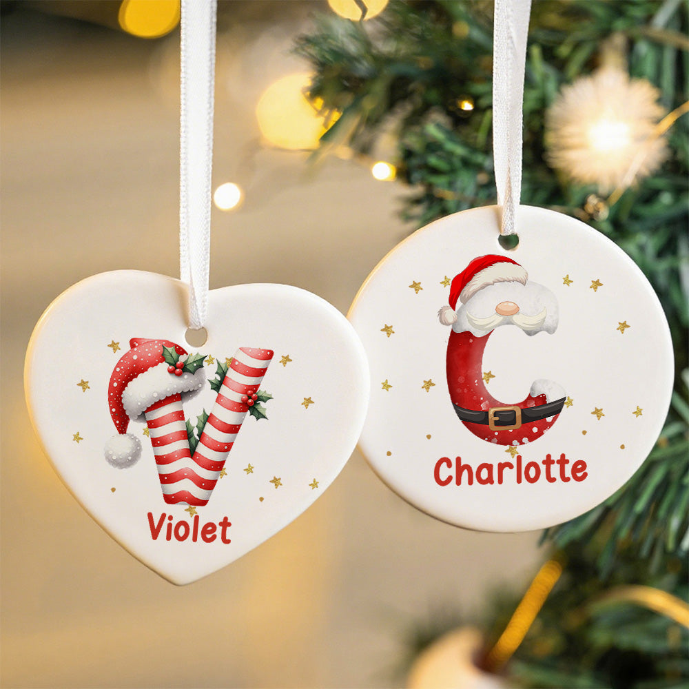 Personalizado Santa Claus bastón de caramelo inicial redondo corazón adornos de Navidad con nombre y cordón decoración del hogar regalo de Navidad para la familia