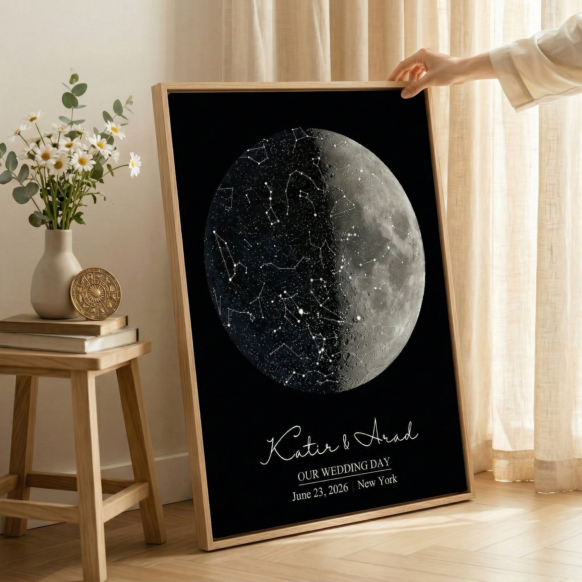 Mapa estelar personalizado Fase lunar Lienzo Giclée Impresiones Regalo de boda de aniversario para la pareja