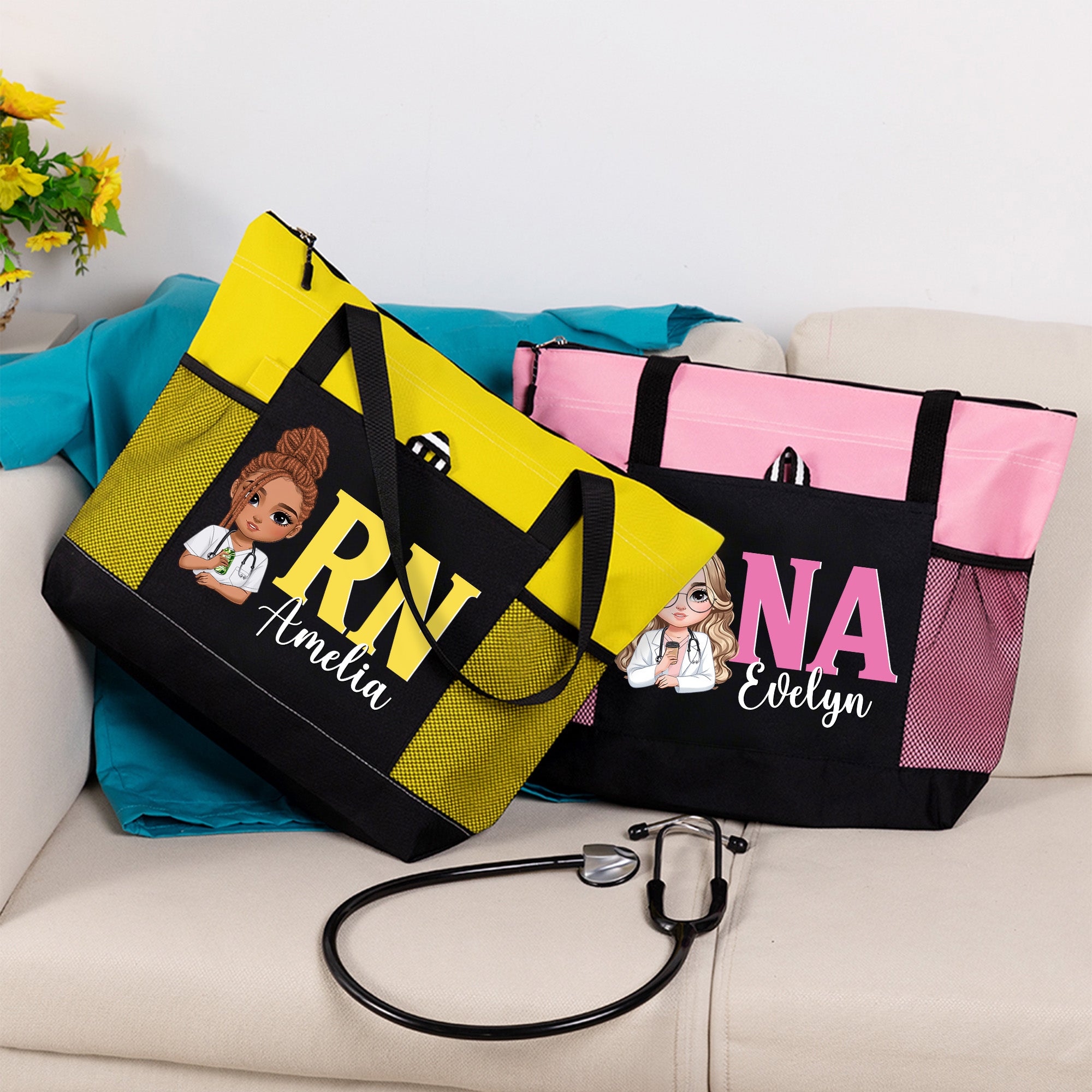 Personalizado de dibujos animados médico de la enfermera de gran capacidad Oxford Bolsa de asas con nombre y bolsillos de malla Apreciación Enfermera Semana Regalo para el personal médico