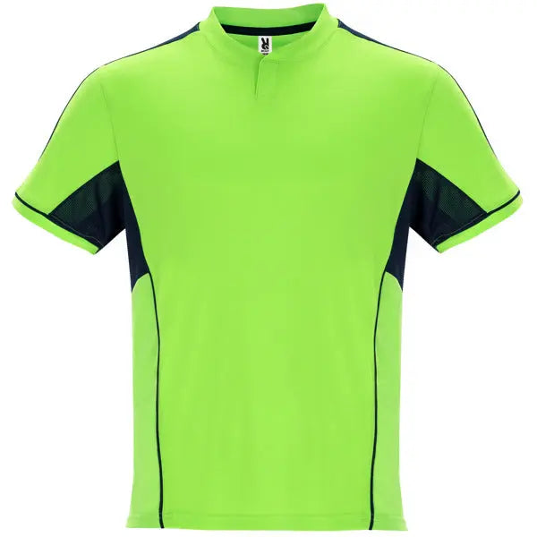 Conjunto deportivo unisex con combinación de tres tejidos, camiseta con cuello mao y apertura mediante broche de presión, interior de la manga en