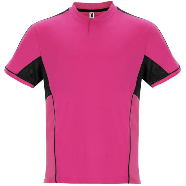 Conjunto deportivo unisex con combinación de tres tejidos, camiseta con cuello mao y apertura mediante broche de presión, interior de la manga en
