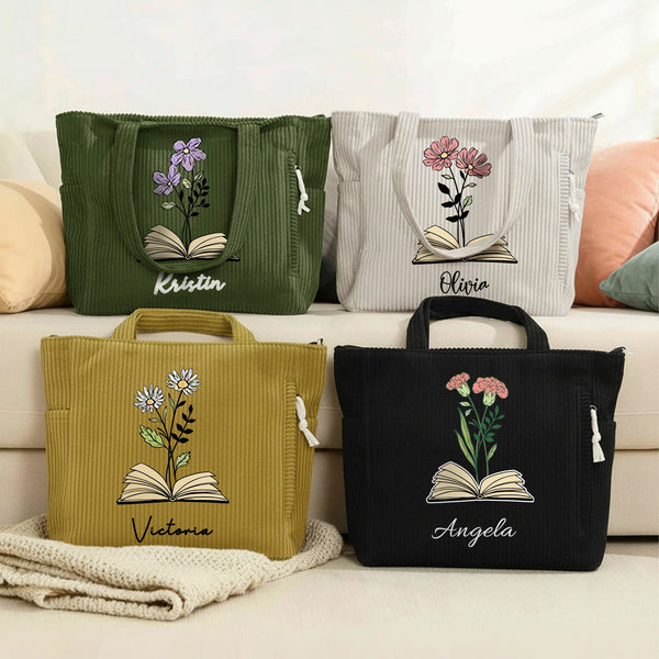 Libro Personalizado Flor de Nacimiento Gran Capacidad Bolsa de Pana con Nombre Regalo de Cumpleaños para Amantes de los Libros Mujeres