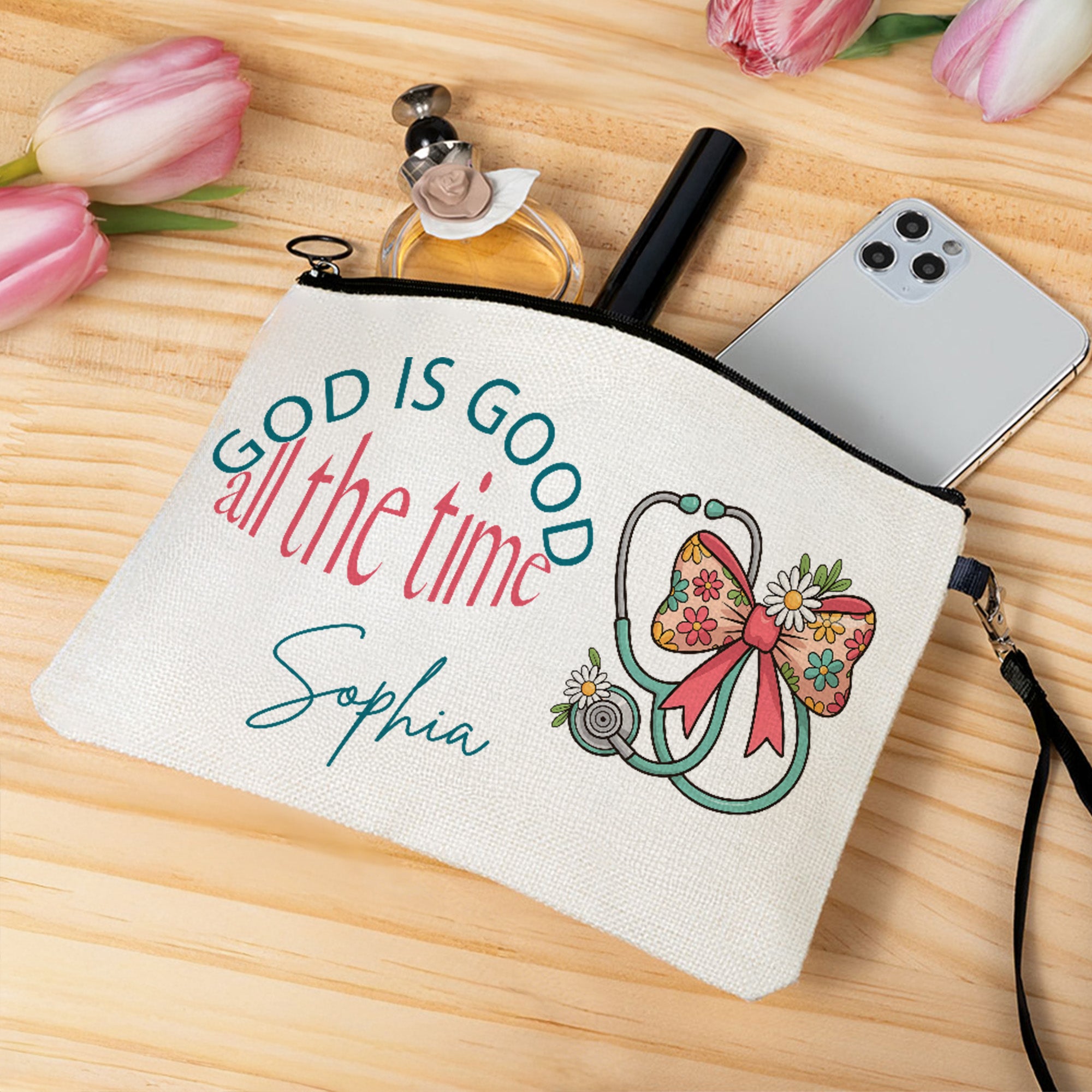 Neceser de maquillaje personalizado God is Good All the Time con nombre y correa de viaje Regalo de cumpleaños para enfermera
