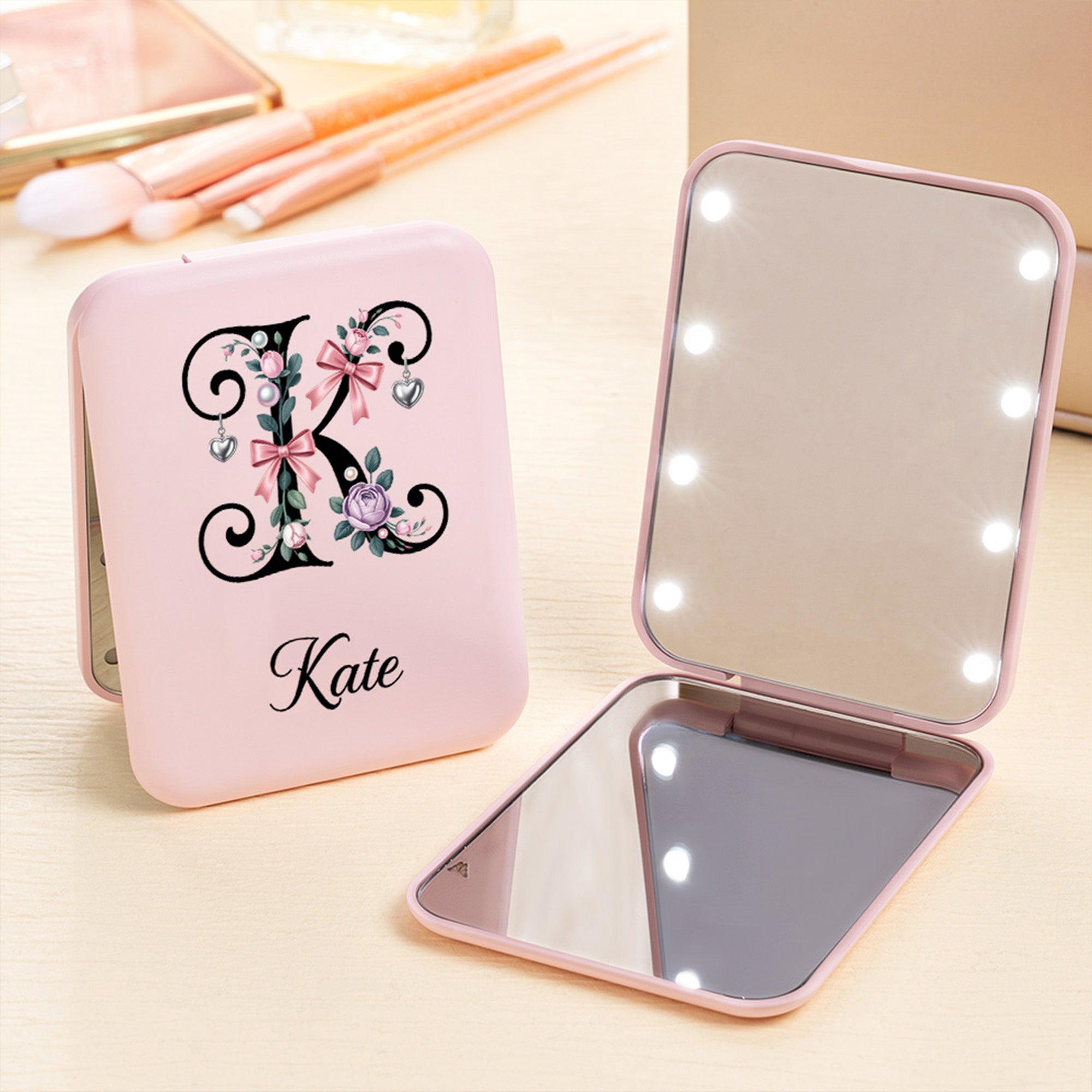 Espejo de maquillaje LED personalizado con lazo floral con iniciales y nombre Regalo de cumpleaños esencial de viaje de uso diario para mujeres amantes del maquillaje